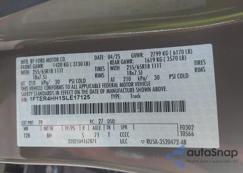 2025 Ford Ranger Xlt z USA, uszkodzony, nr VIN 1FTER4HH1SLE17125